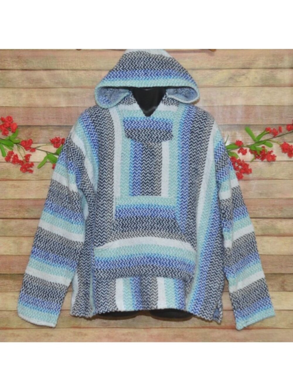 Baja Joe Earth Ragz Mens XL Striped Retro Mexican Poncho Blue Aqua Striped